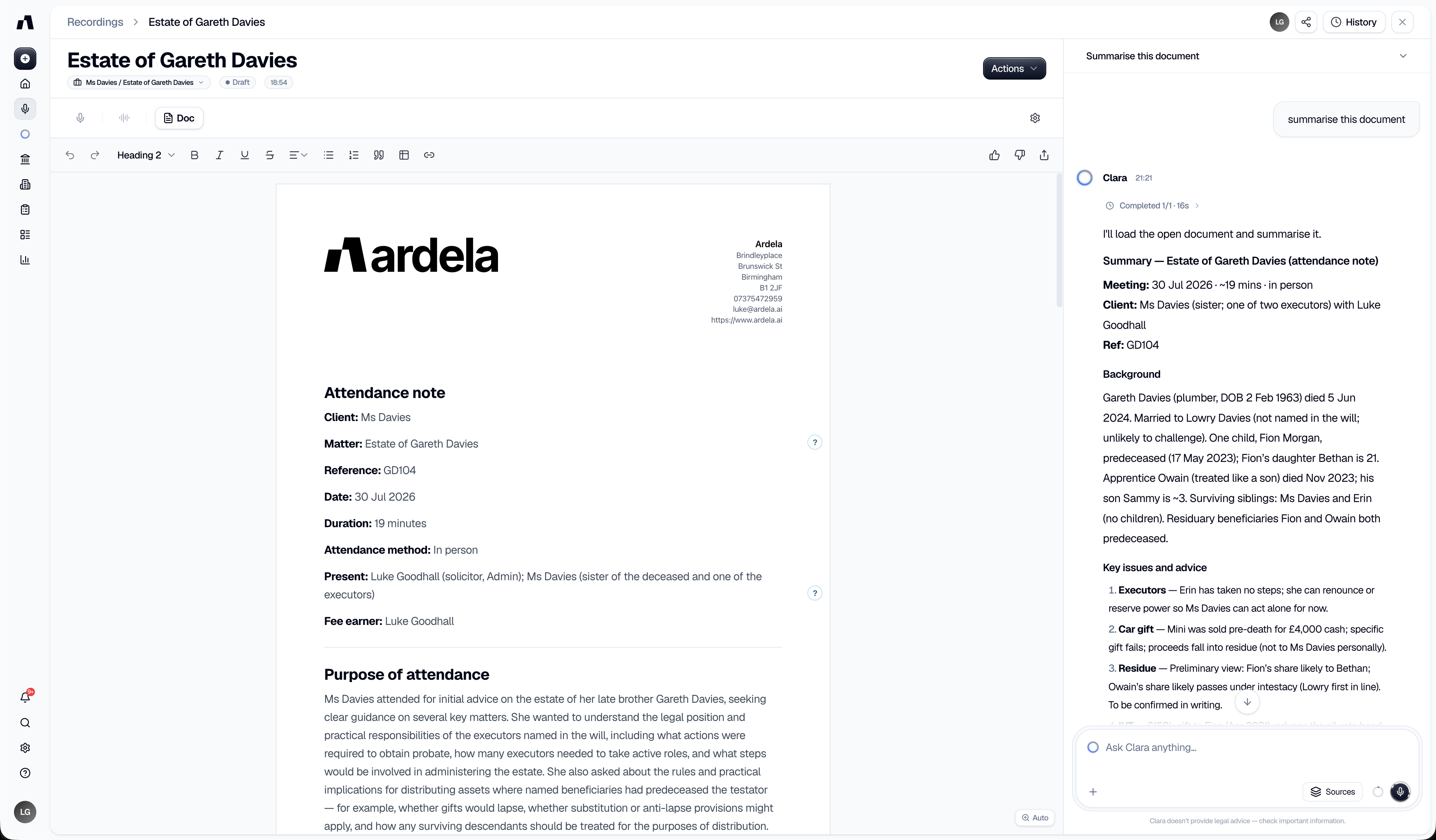 Attendance note generated in Ardela