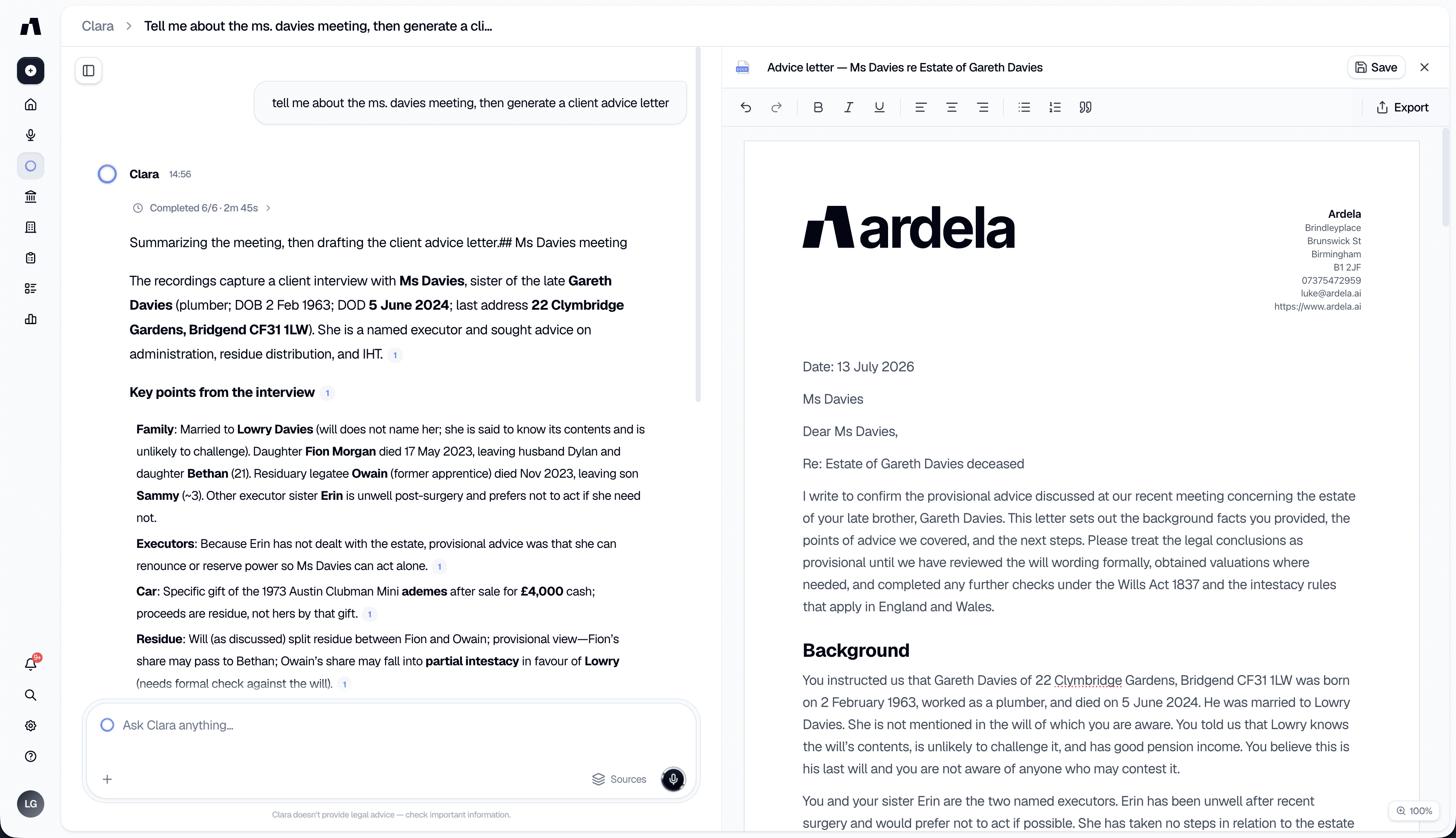 Clara drafting a client advice letter