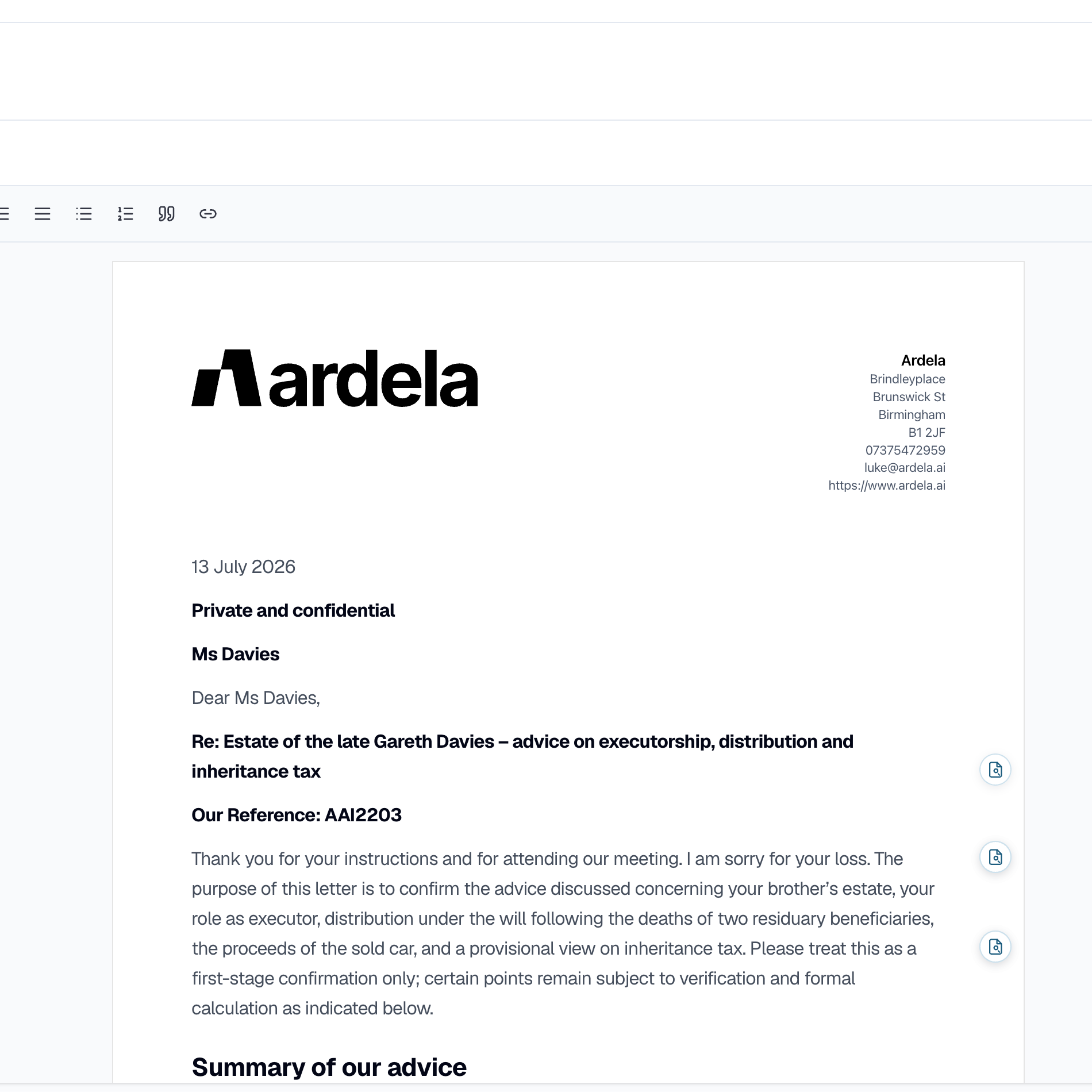 Ardela document tab: draft and review workspace