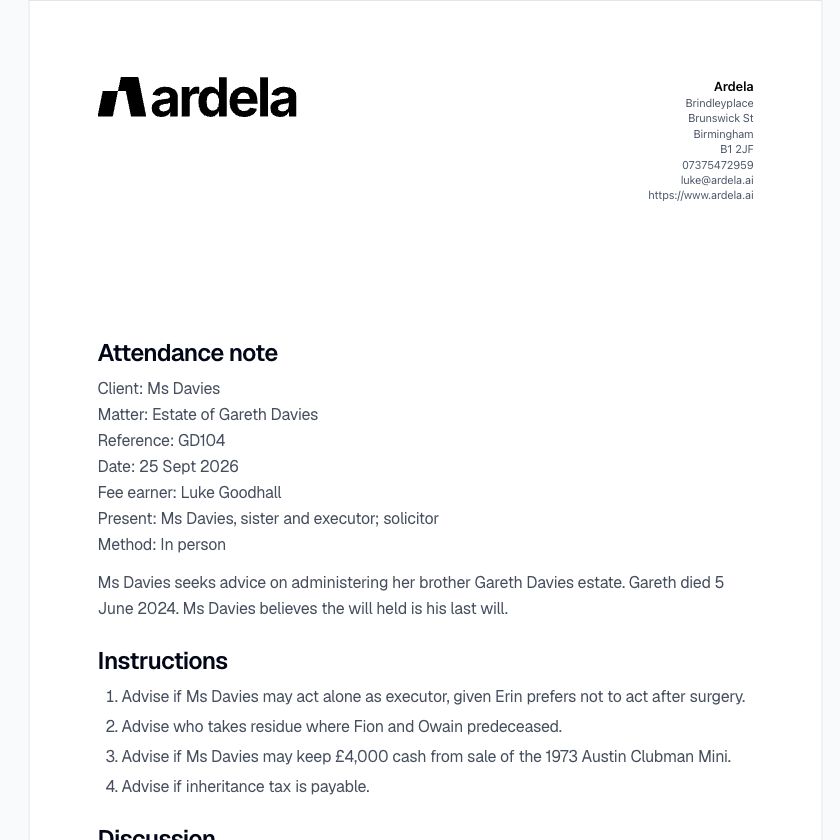 Attendance note generated in Ardela