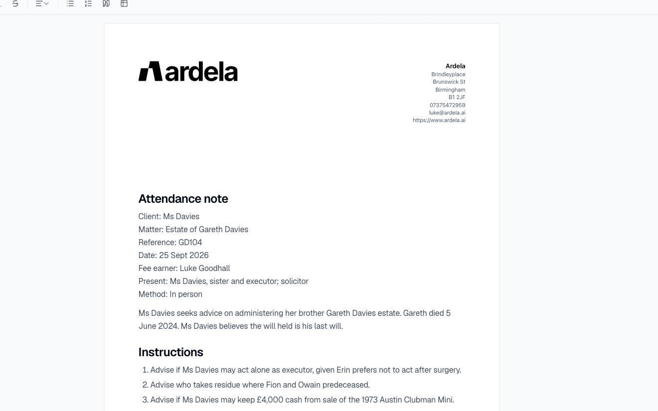 A branded probate attendance note from the Davies consultation