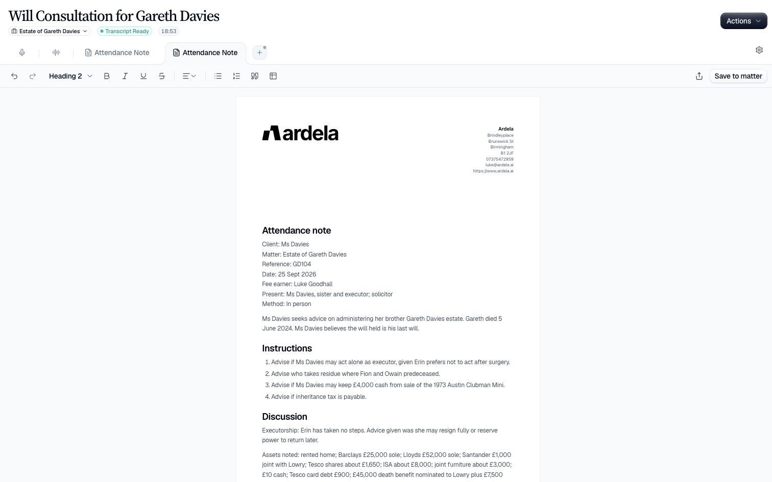 A probate attendance note generated from a recorded meeting