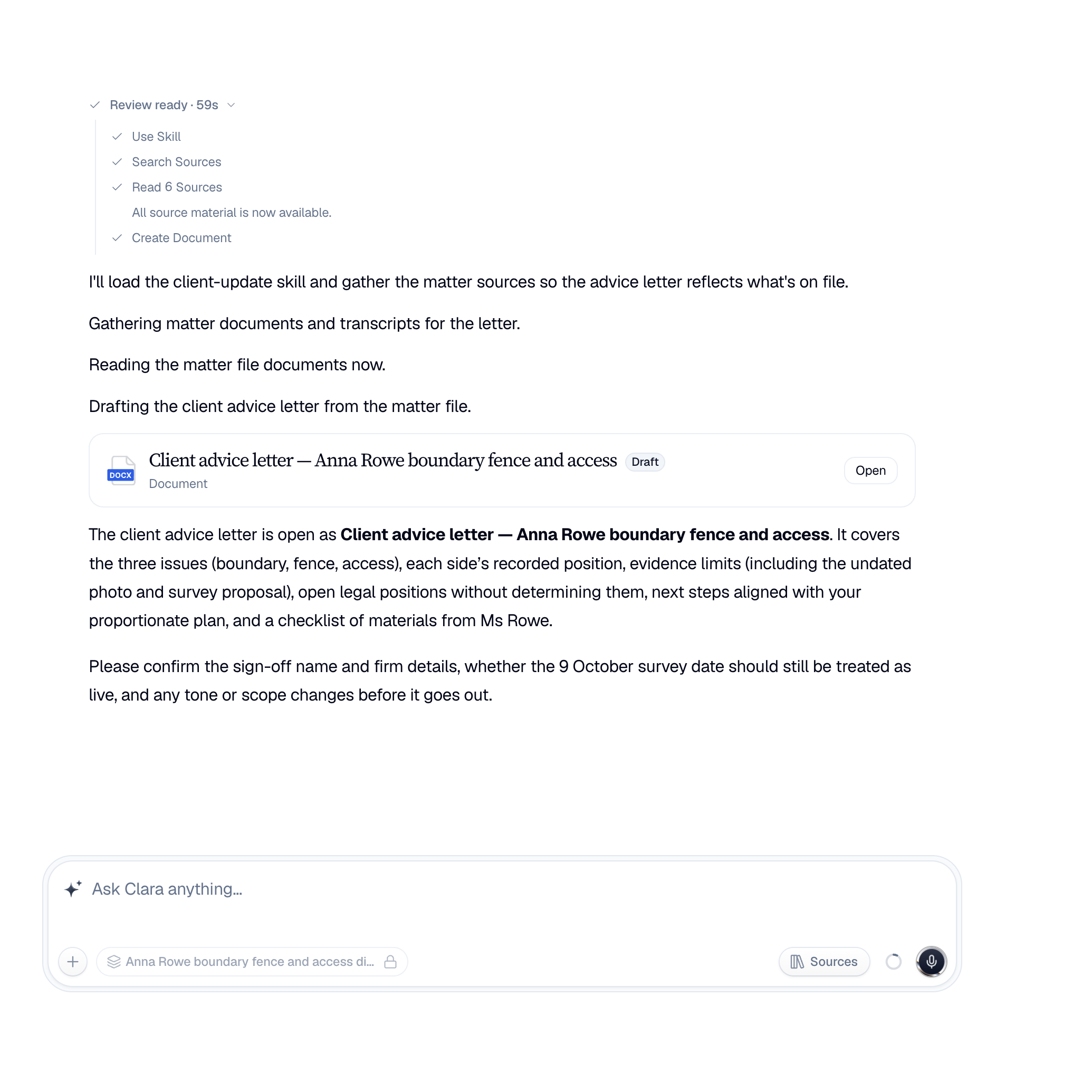 Clara's completed steps and a draft client advice letter ready for review