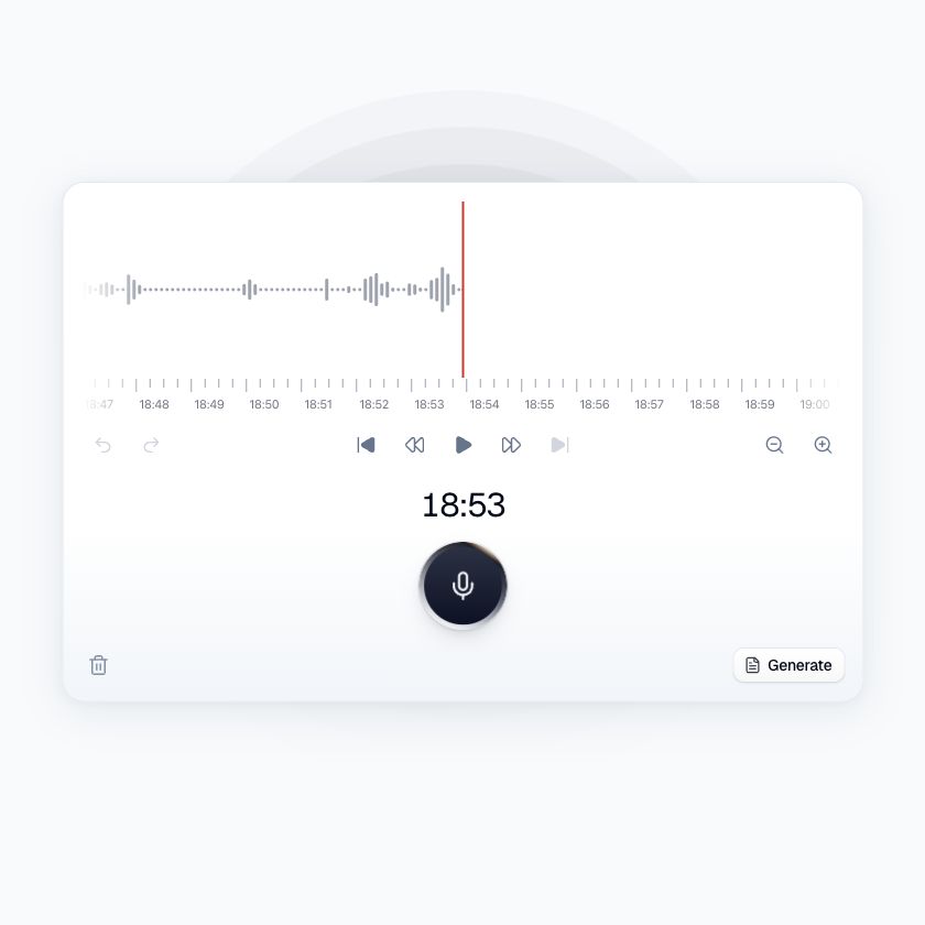 Ardela recording waveform, playback controls and document generation