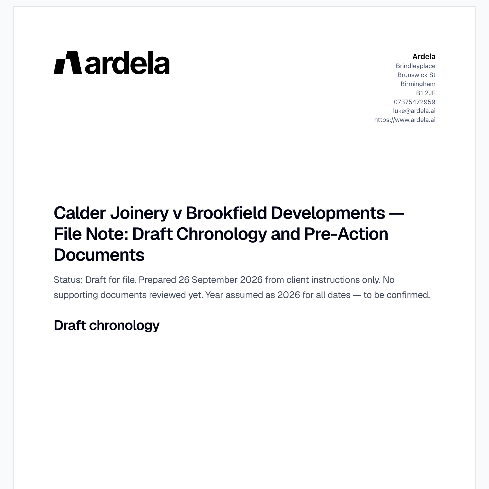 Clara preparing the Calder Joinery dispute chronology and pre-action document checklist