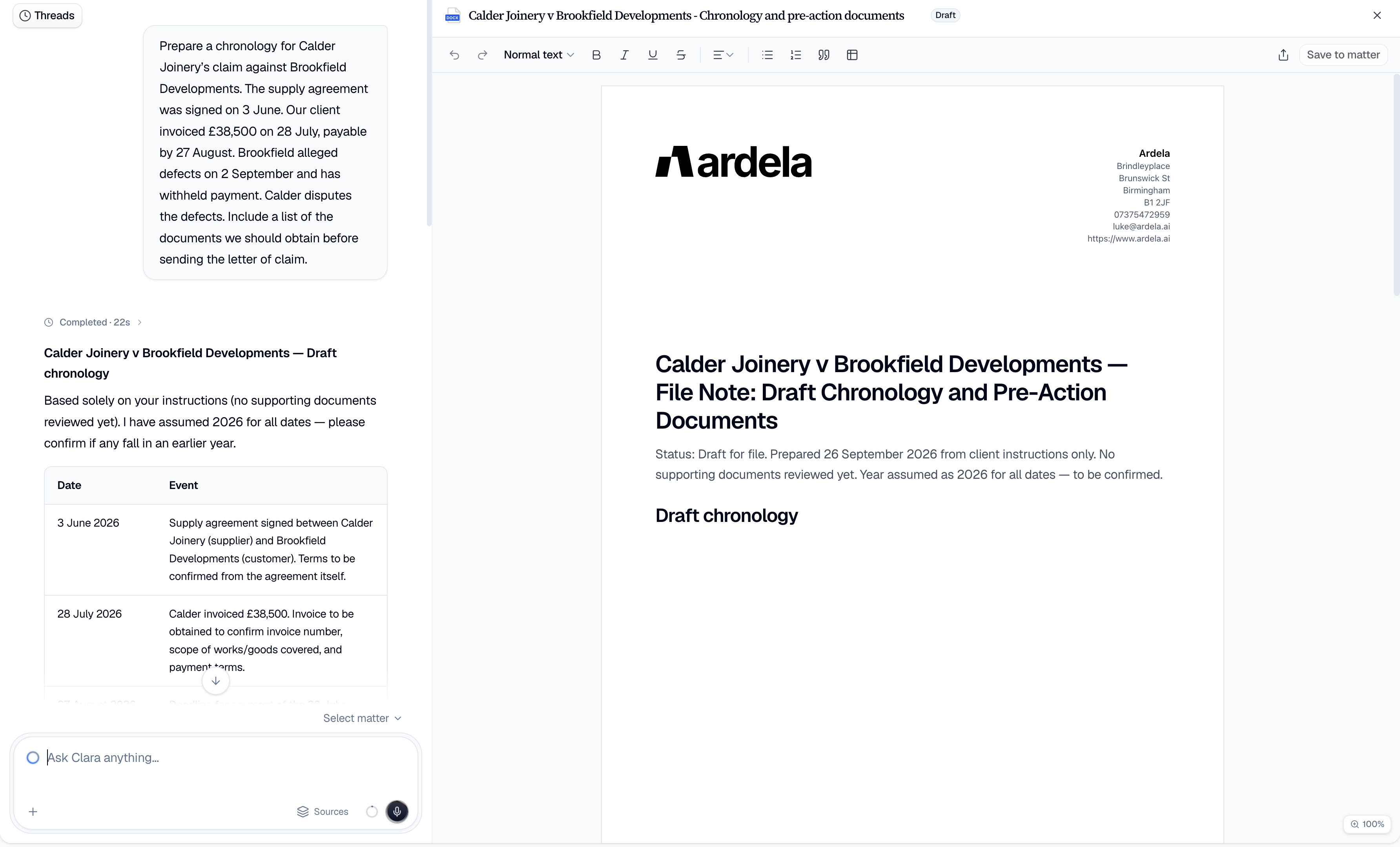 Clara preparing the Calder Joinery dispute chronology and pre-action document checklist