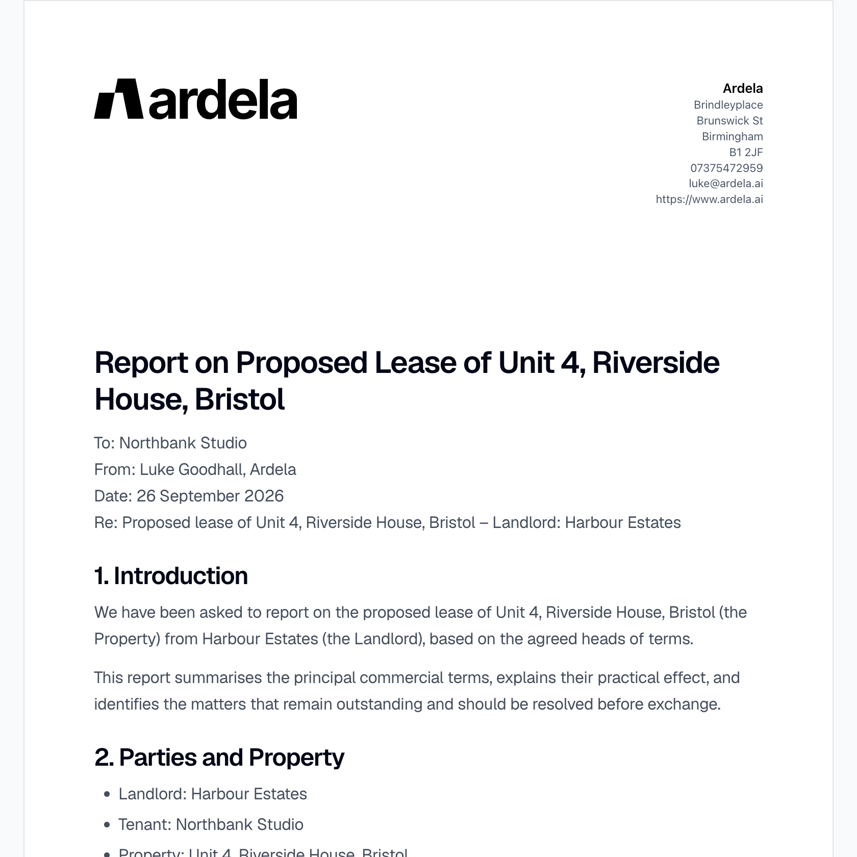 A lease report with firm branding, agreed terms and outstanding enquiries