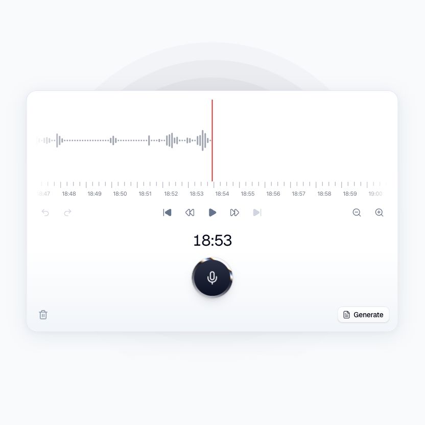 Ardela recording waveform, playback controls and document generation