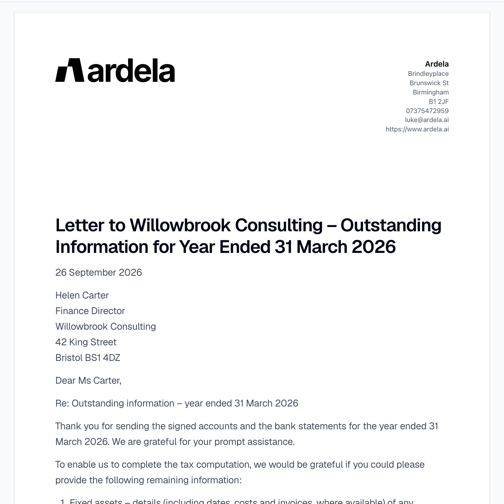 Clara drafting Willowbrook Consulting's outstanding tax information letter