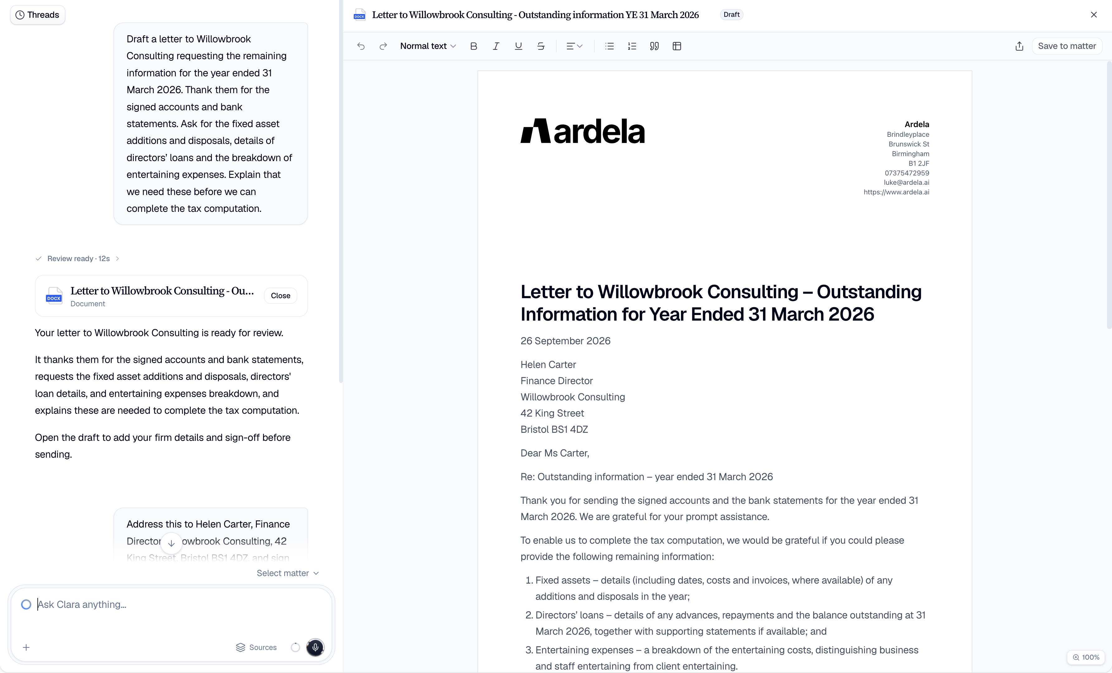 Clara drafting Willowbrook Consulting's outstanding tax information letter